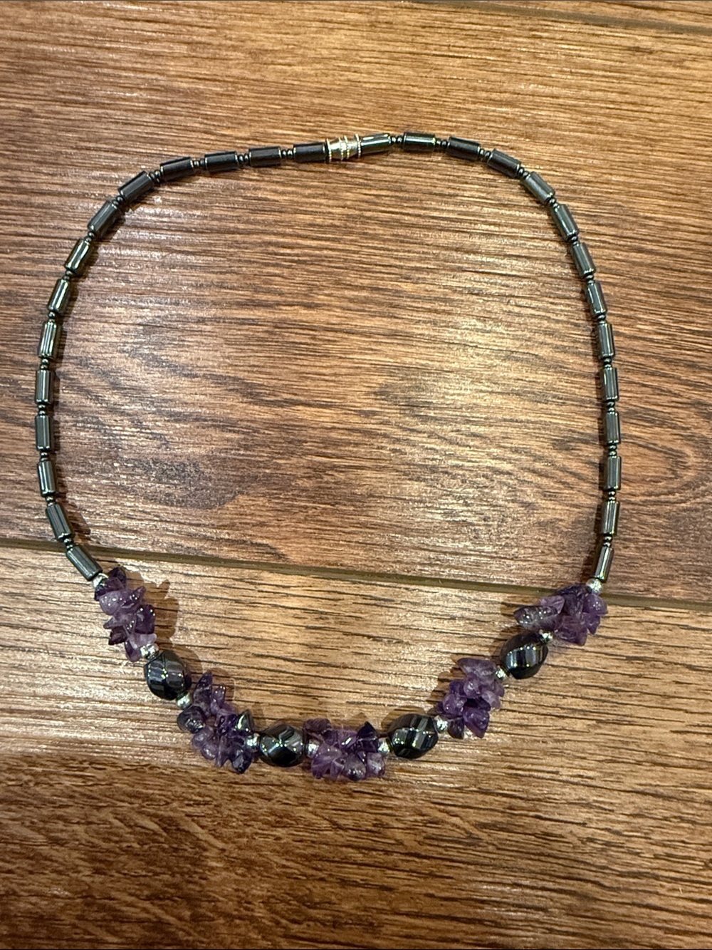 Purple Amethyst Chip & Hematite Bead Necklace - Unbranded